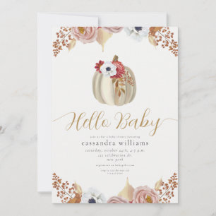 Convite Olá Bebê Dourado Outono Floral Botânico Chá de Beb