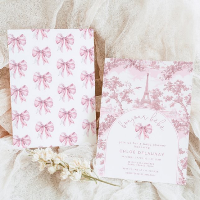 Convite Olá bebê Laço Rosa Toile de Jouy chá de bebê (Criador carregado)