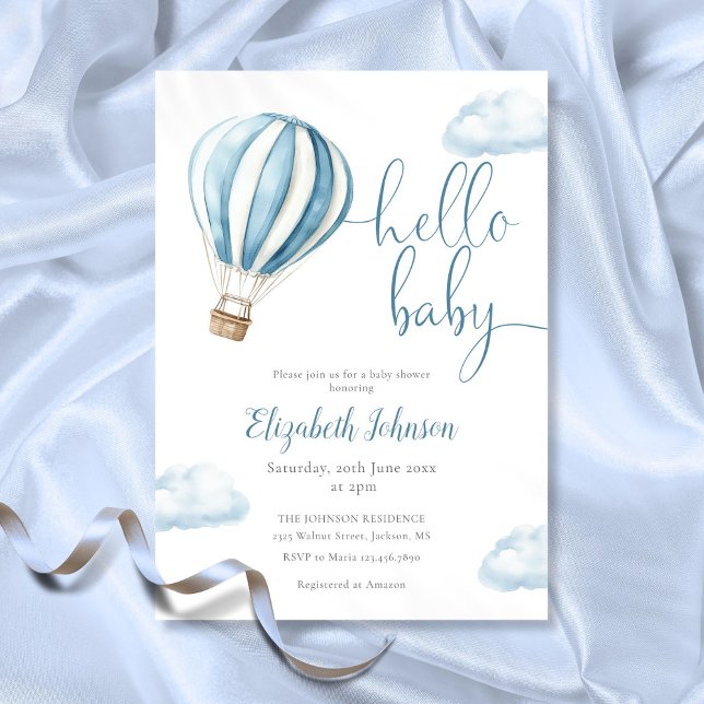 Convite Olá Bebê Menino Azul Chã de Bebê Balão de Ar Quent (Hello Baby Boy Blue Hot Air Balloon Baby Shower Invitation)