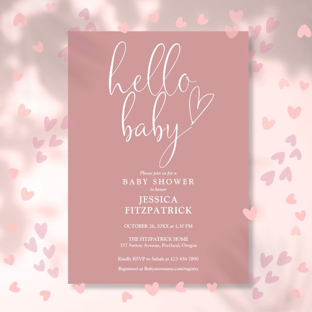 Convite Olá Bebê Script Rosa Poeira Rosa Menina Chá de Beb (Hello Baby Script Dusty Rose Pink Girl Baby Shower Invitation)