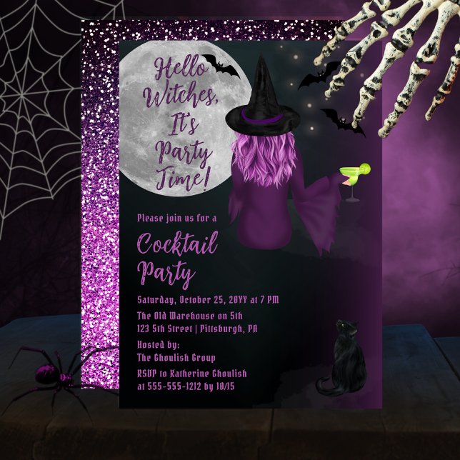 Convite Olá Bruxas Festa de Cocktail no Halloween ("Hello Witches, It's Party Time!" Halloween Cocktail Party Invitation - Purple Witch | Faux Glitter)