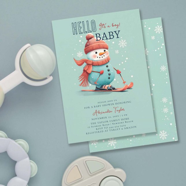 Convite Olá, Chá de fraldas de Bebê Snowman a esquiar Wint (winter baby boy shower invitation snowman sports skiing watercolor snowflake snow wonderland)