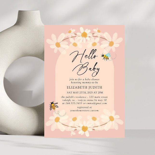 Convite Olá, Chá de fraldas de Bebês Floral Daisy Bees (Criador carregado)