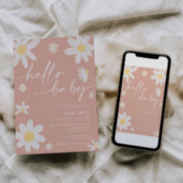 Convite Olá, Chá de fraldas de margarida rosa-bebê