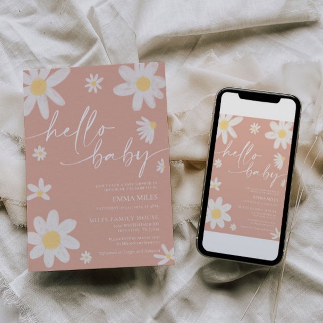 Convite Olá, Chá de fraldas de margarida rosa-bebê (Criador carregado)