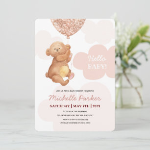 Convite Olá, Chá de fraldas de Nuvens Rosa Rosa, Urso Tedd