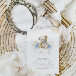 Convite Olá, Chá de fraldas do Bear Bear Boho Blue Boy