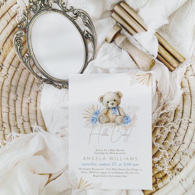 Convite Olá, Chá de fraldas do Bear Bear Boho Blue Boy (Criador carregado)