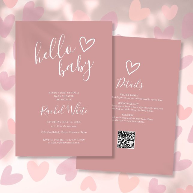 Convite Olá Chuveiro de Bebê Tudo em Um Rosa Pó Encantado (Hello Baby Shower All In One Dusty Rose Pink Invitation)