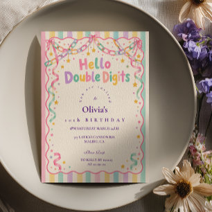 Convite Olá Dígitos Duplos Aniversário Arco-Íris Pastel