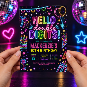 Convite Olá Dígitos Duplos: Neon Glow 10º Aniversário