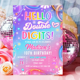 Convite Olá Dígitos Duplos Neon Glow Menina 10º Aniversári