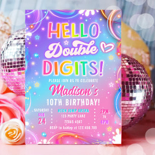Convite Olá Dígitos Duplos Neon Glow Menina 10º Aniversári