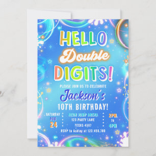 Convite Olá Dígitos Duplos Neon Glow Menino Aniversário de