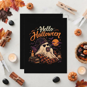 Convite Olá Halloween Fantasma Fofo Bebendo Café