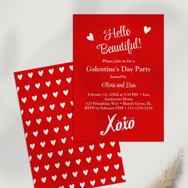 Convite Olá, Linda! Red XOXO Galentine's Day Party (Hello Beautiful! Red XOXO Galentine's Day Party Invitation on a white table.)