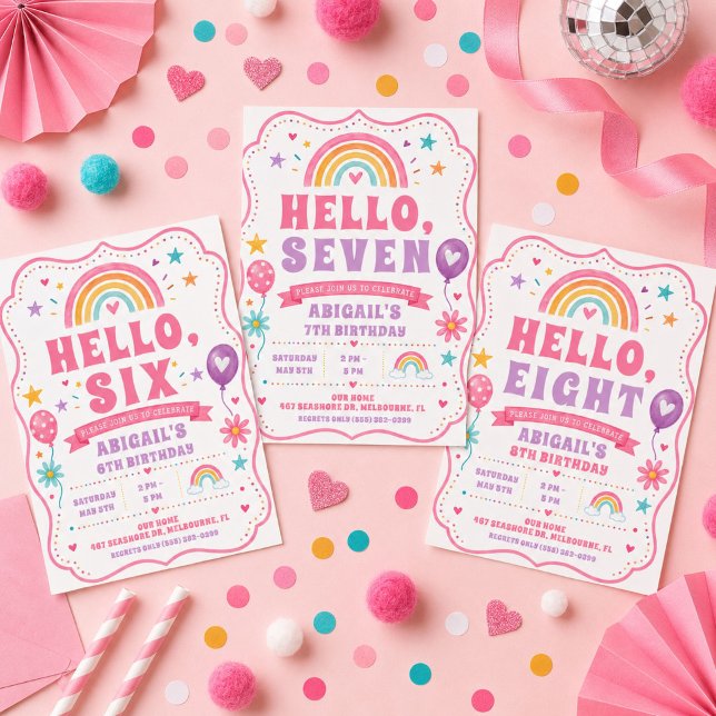 Convite Olá Menina Arco-Íris de 7 anos de idade (Hello Seven Rainbow Girl's 7th Birthday Invitation)
