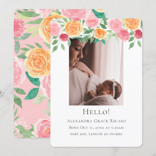 Convite Olá Nova Foto para Bebê Flores Rosa Personalizad
