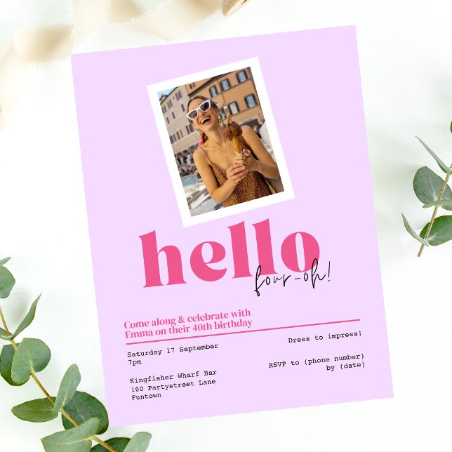 Convite "Olá, quatro-oh!" aniversário de 40 anos roxo Conv (Criador carregado)