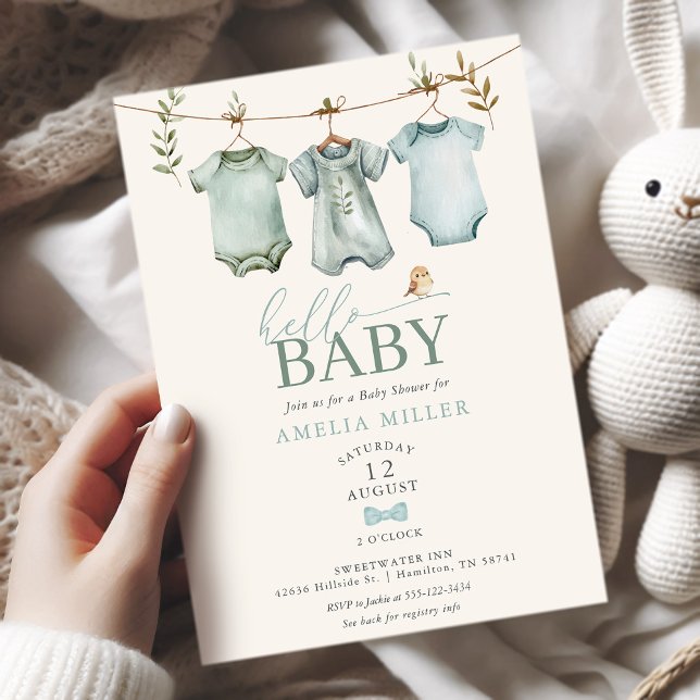 Convite Olá Roupas de Bebê Menino Boho Chá de Bebê (Hello Baby Boy Clothesline Boho Baby Shower Invitation)