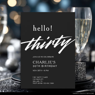 Convite Olá Thirty Black Modern Script Aniversário de 30 a