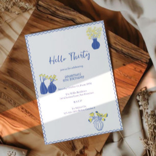 Convite Olá, Trinta Floral Azul Elegante Aniversário de 30