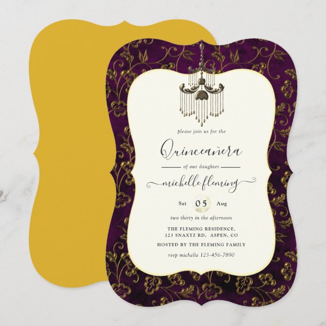 Convite Old Gold Elegância Quinceañera (Frente/Verso)