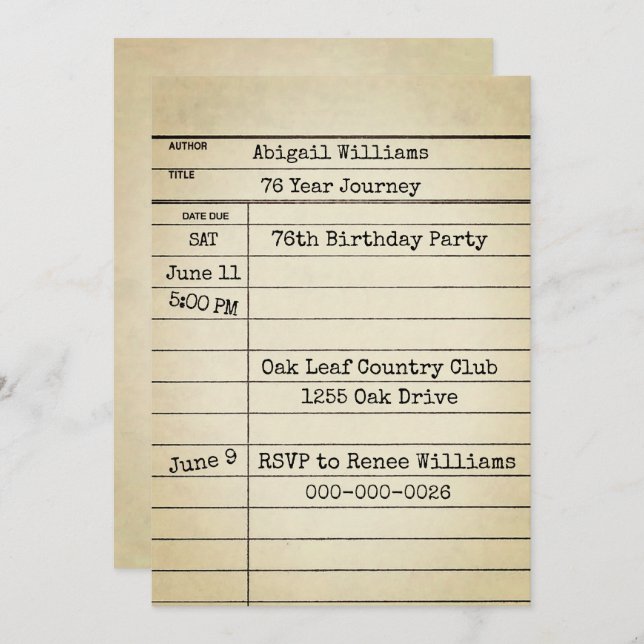 Convite Old Library Card 76th Birthday Party (Frente/Verso)