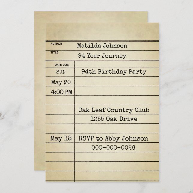 Convite Old Library Card 94th Birthday Party (Frente/Verso)