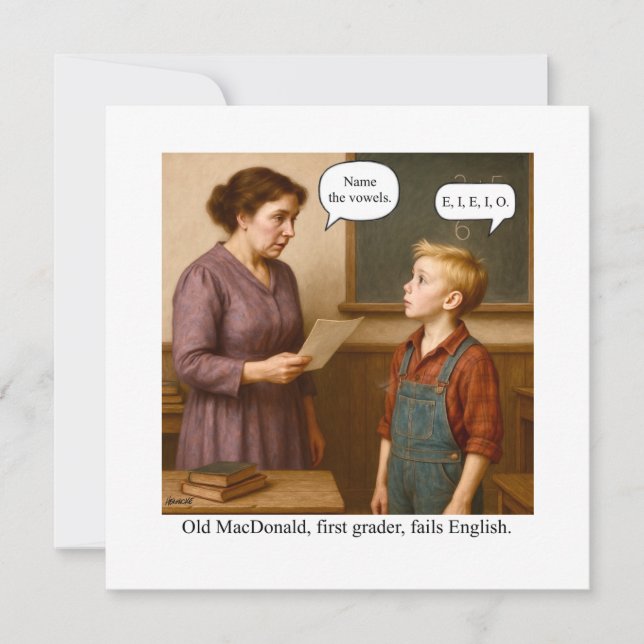 Convite Old MacDonald, first grader, fails English. (Frente)