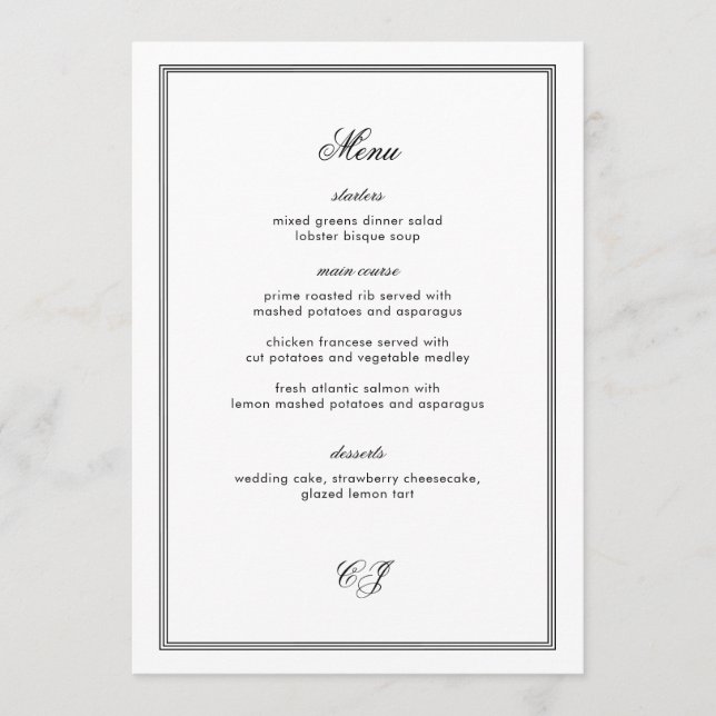 Convite Old Money Black and White Wedding Menu Card (Frente)