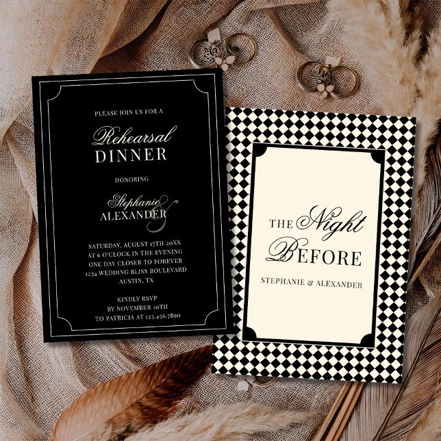 Convite Old Money Black Ivory Checkered Rehearsal Dinner  (Criador carregado)