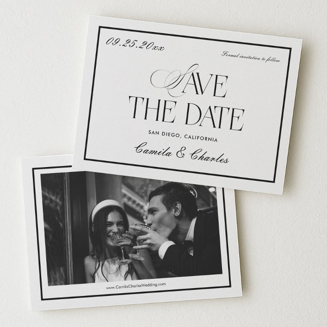 Convite Old Money Black White Wedding Save the Date Photo (Criador carregado)