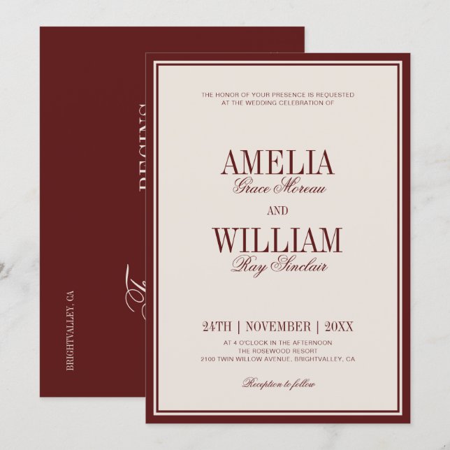 Convite Old Money Classic Luxury Burgundy Wedding (Frente/Verso)