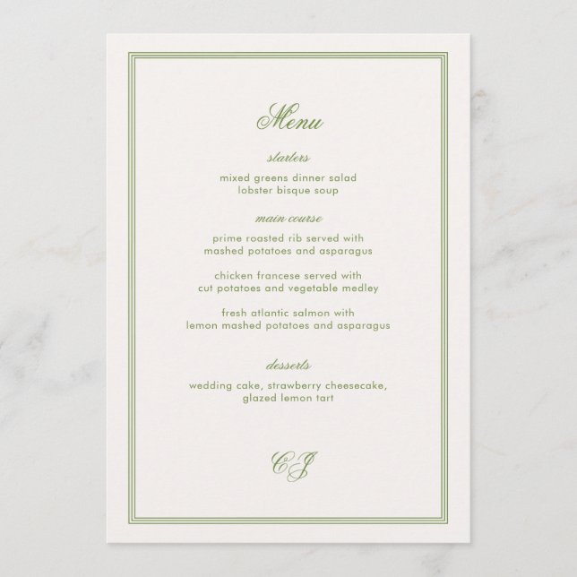 Convite Old Money Green Wedding Menu Card (Frente)