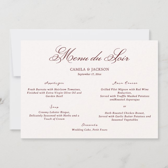Convite Old Money Ivory & Burgundy Wedding Menu Card (Frente)