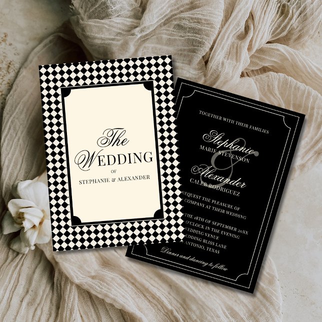Convite Old Money Luxury Black & Ivory Checkered Wedding (Criador carregado)