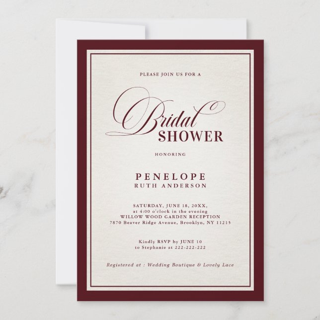 Convite Old Money Modern Formal Burgundy Bridal Shower  (Frente)