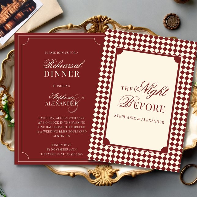 Convite Old Money Red & Ivory Checkered Rehearsal Dinner  (Criador carregado)
