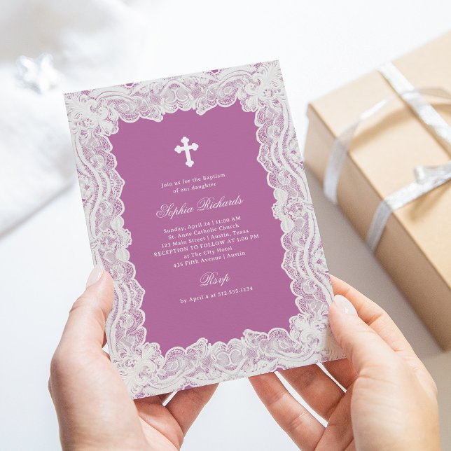Convite Olhar de Renda Elegante | Batismo Rosa Pálido com  (Criador carregado)