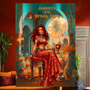 Convite Olhar marroquino laranja dourado teal de aniversár