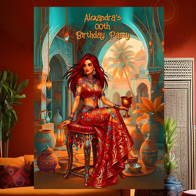 Convite Olhar marroquino laranja dourado teal de aniversár (Criador carregado)