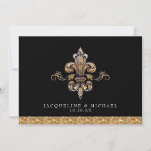 Convite Olhar para o falso preto Dourado Fleur de Lis