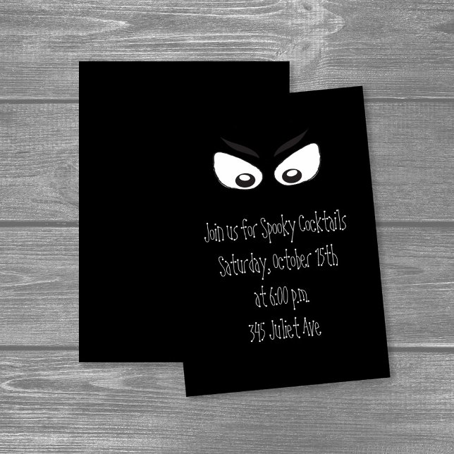 Convite Olhos Fantásticos Mínimos do Fantasma Bruto do Hal (Black Halloween cocktail party invitation with spooky glowing eyes design.)