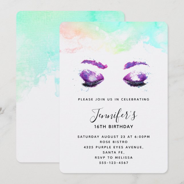 Convite Olhos Roxos Glamourosos & Brows Aquarela Aniversár (Frente/Verso)