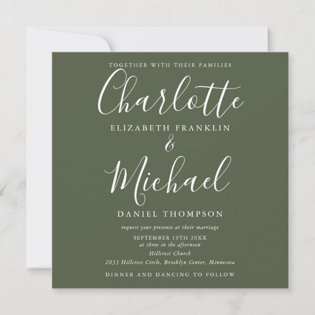 Convite Oliva Verde Elegante Script Tudo Em Um Casamento (Frente)