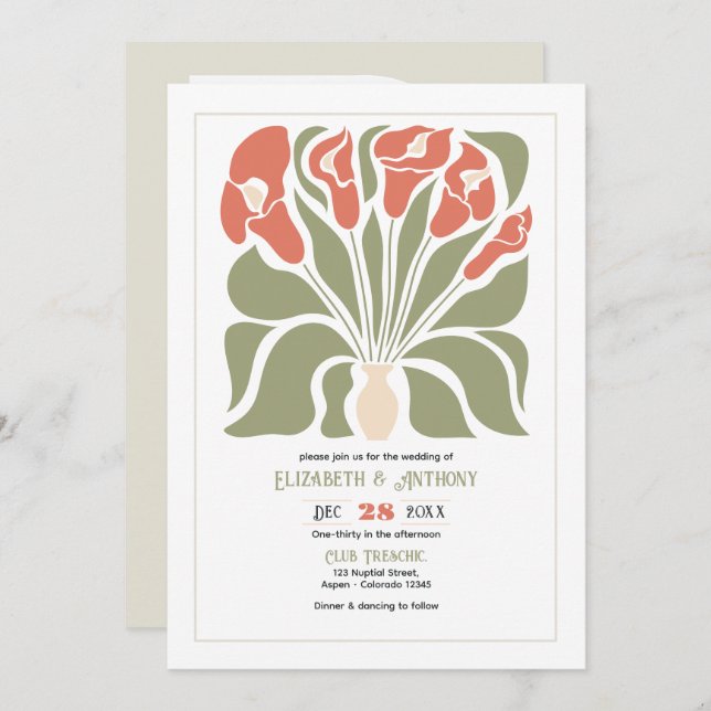 Convite Olive & Coral Clay Abstract Floral Boho Wedding (Frente/Verso)