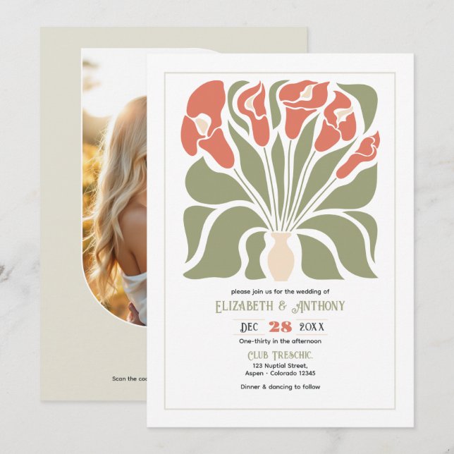 Convite Olive & Coral Clay Floral Abstrato Boho Casamento (Frente/Verso)