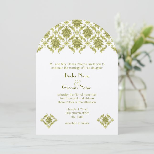 Convite Olive Damask Wedding Invitation (Em pé/Frente)