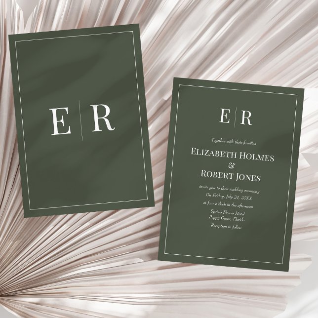 Convite Olive Escuro Minimalista Monograma Não Fotográfico (Dark Olive Minimalist Monogram Non Photo Wedding Invitation on a sunny neutral dry palm leaf.)